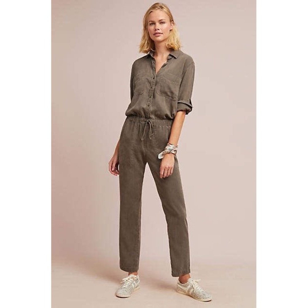 Cloth & Stone Anthropologie Utility Jumpsuit Olive Green Tencel Size Large